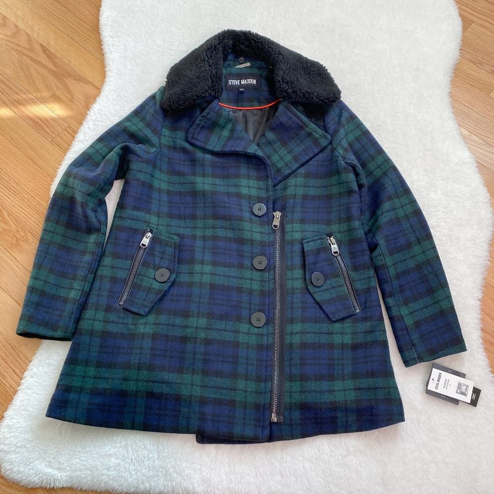 Steve Madden Women's Wool Blend Plaid Coat with Fur Trim, Green/Navy, Size M - Picture 2 of 10